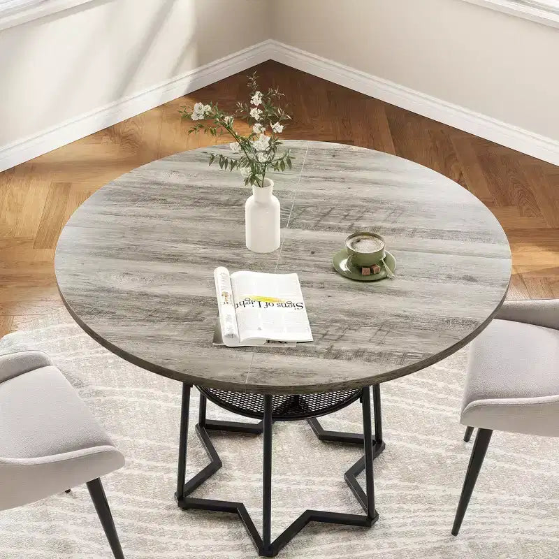 Tavolo da pranzo rotondo COZONY per 4 persone, 38,6 pollici, tavolo da cucina in stile rustico con piano in legno e base in metallo, ripiano portaoggetti, tavolo da pranzo rustico (solo tavolo)
