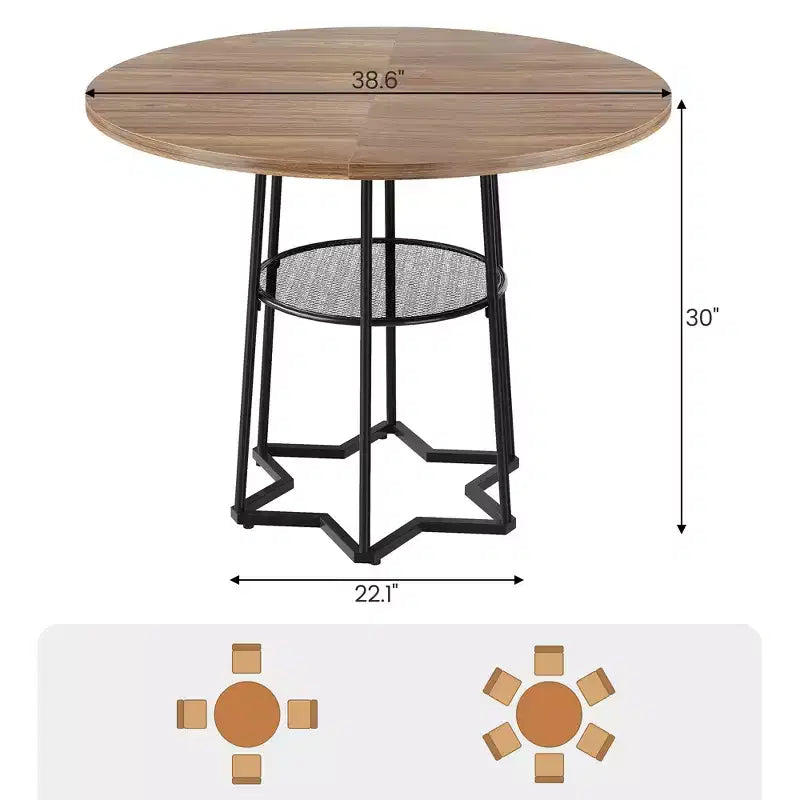 Tavolo da pranzo rotondo COZONY per 4 persone, 38,6 pollici, tavolo da cucina in stile rustico con piano in legno e base in metallo, ripiano portaoggetti, tavolo da pranzo rustico (solo tavolo)