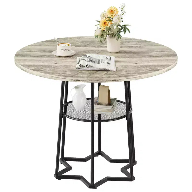 Tavolo da pranzo rotondo COZONY per 4 persone, 38,6 pollici, tavolo da cucina in stile rustico con piano in legno e base in metallo, ripiano portaoggetti, tavolo da pranzo rustico (solo tavolo)