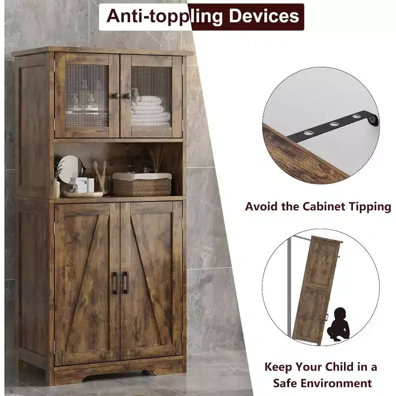Mobile contenitore da 137 cm in stile rustico con ante in vetro, ripiani regolabili, dispensa a colonna autoportante per cucina, bagno, soggiorno