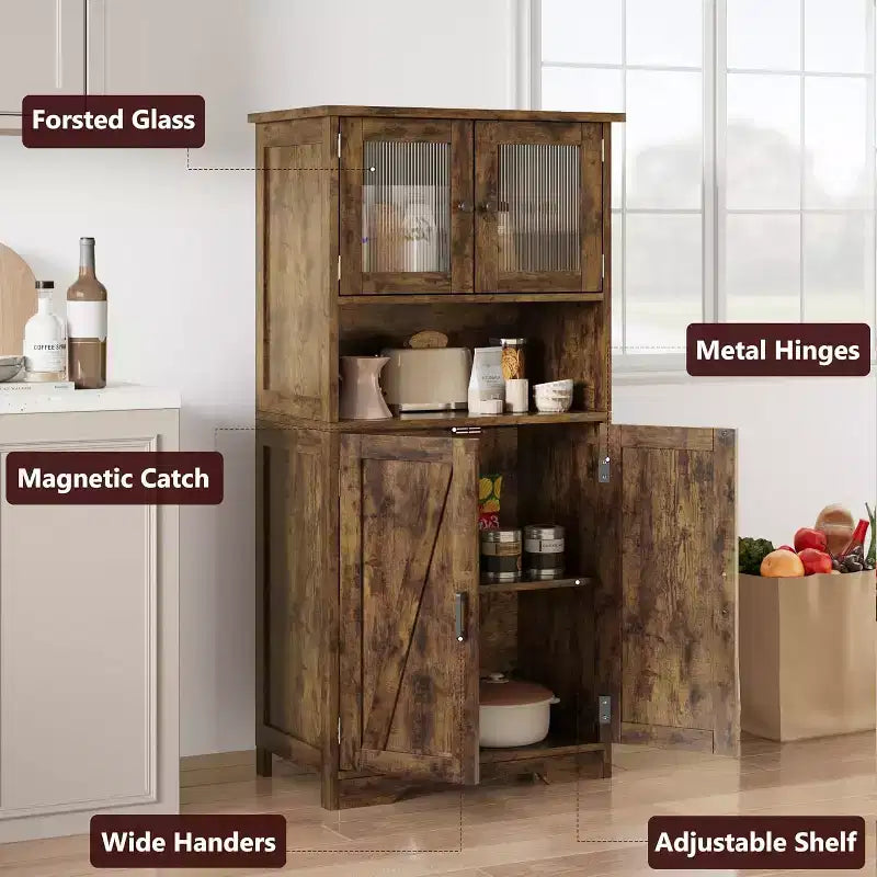Mobile contenitore da 137 cm in stile rustico con ante in vetro, ripiani regolabili, dispensa a colonna autoportante per cucina, bagno, soggiorno