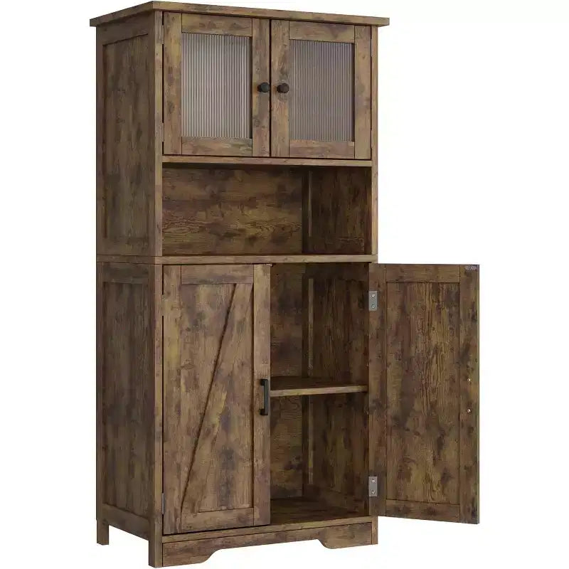 Mobile contenitore da 137 cm in stile rustico con ante in vetro, ripiani regolabili, dispensa a colonna autoportante per cucina, bagno, soggiorno