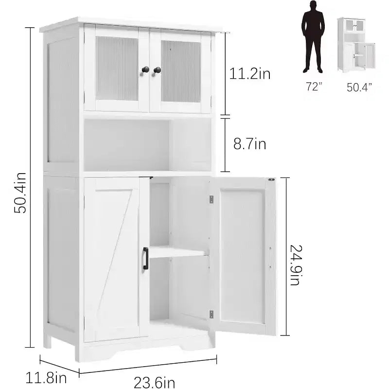 Mobile contenitore da 137 cm in stile rustico con ante in vetro, ripiani regolabili, dispensa a colonna autoportante per cucina, bagno, soggiorno