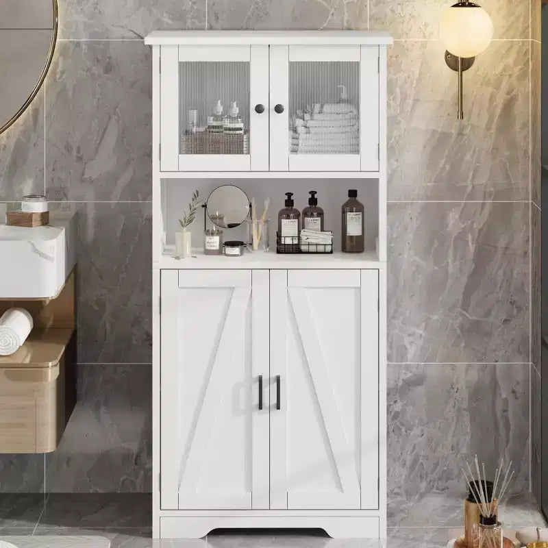 Mobile contenitore da 137 cm in stile rustico con ante in vetro, ripiani regolabili, dispensa a colonna autoportante per cucina, bagno, soggiorno
