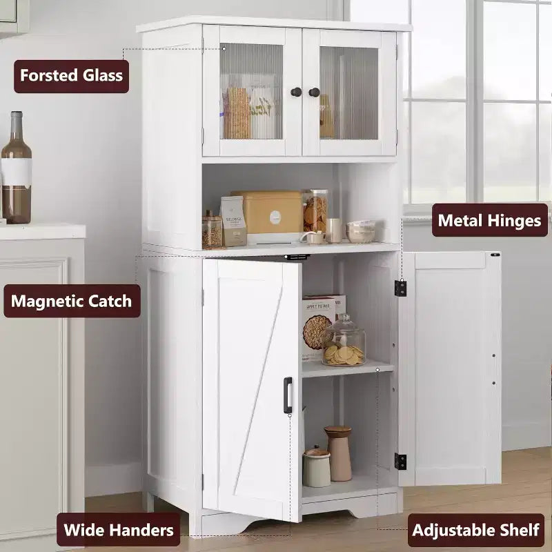 Mobile contenitore da 137 cm in stile rustico con ante in vetro, ripiani regolabili, dispensa a colonna autoportante per cucina, bagno, soggiorno