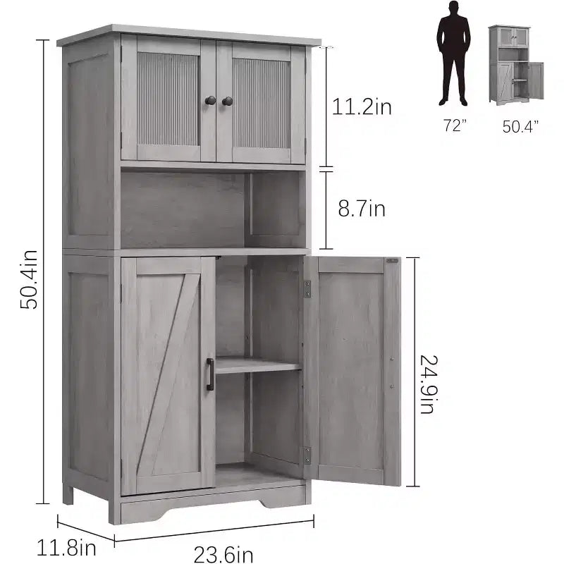 Mobile contenitore da 137 cm in stile rustico con ante in vetro, ripiani regolabili, dispensa a colonna autoportante per cucina, bagno, soggiorno