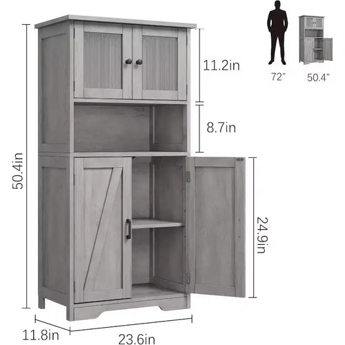 Mobile contenitore da 137 cm in stile rustico con ante in vetro, ripiani regolabili, dispensa a colonna autoportante per cucina, bagno, soggiorno