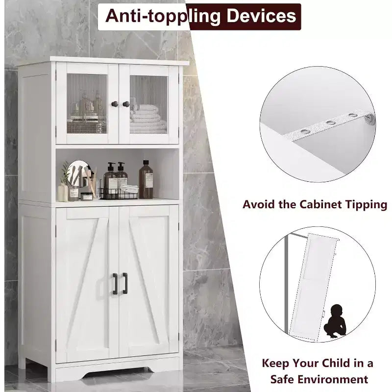 Mobile contenitore da 137 cm in stile rustico con ante in vetro, ripiani regolabili, dispensa a colonna autoportante per cucina, bagno, soggiorno