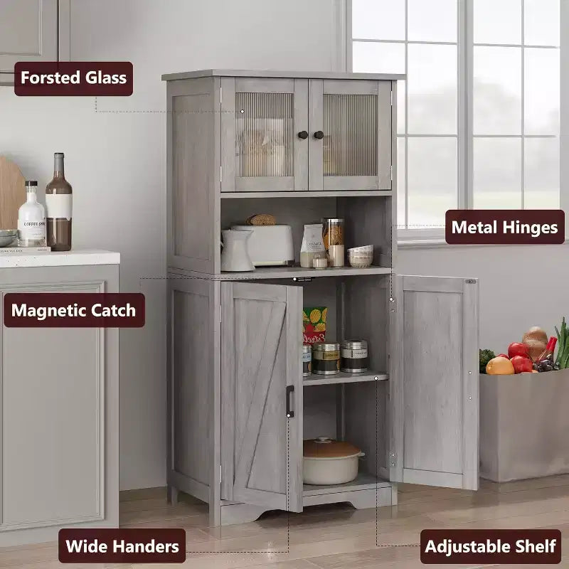 Mobile contenitore da 137 cm in stile rustico con ante in vetro, ripiani regolabili, dispensa a colonna autoportante per cucina, bagno, soggiorno