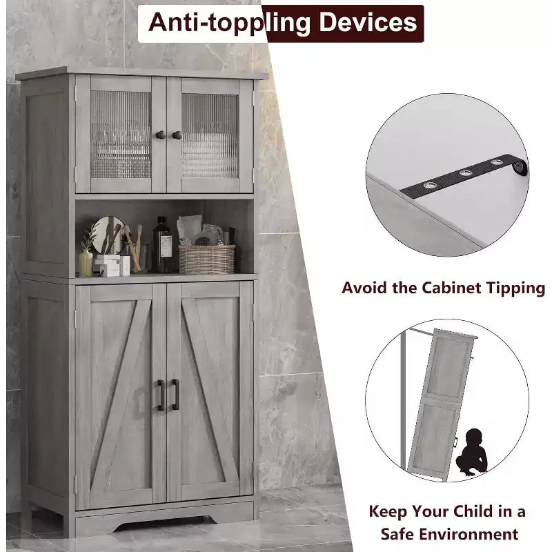 Mobile contenitore da 137 cm in stile rustico con ante in vetro, ripiani regolabili, dispensa a colonna autoportante per cucina, bagno, soggiorno