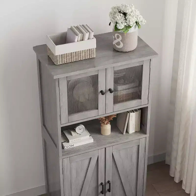 Mobile contenitore da 137 cm in stile rustico con ante in vetro, ripiani regolabili, dispensa a colonna autoportante per cucina, bagno, soggiorno