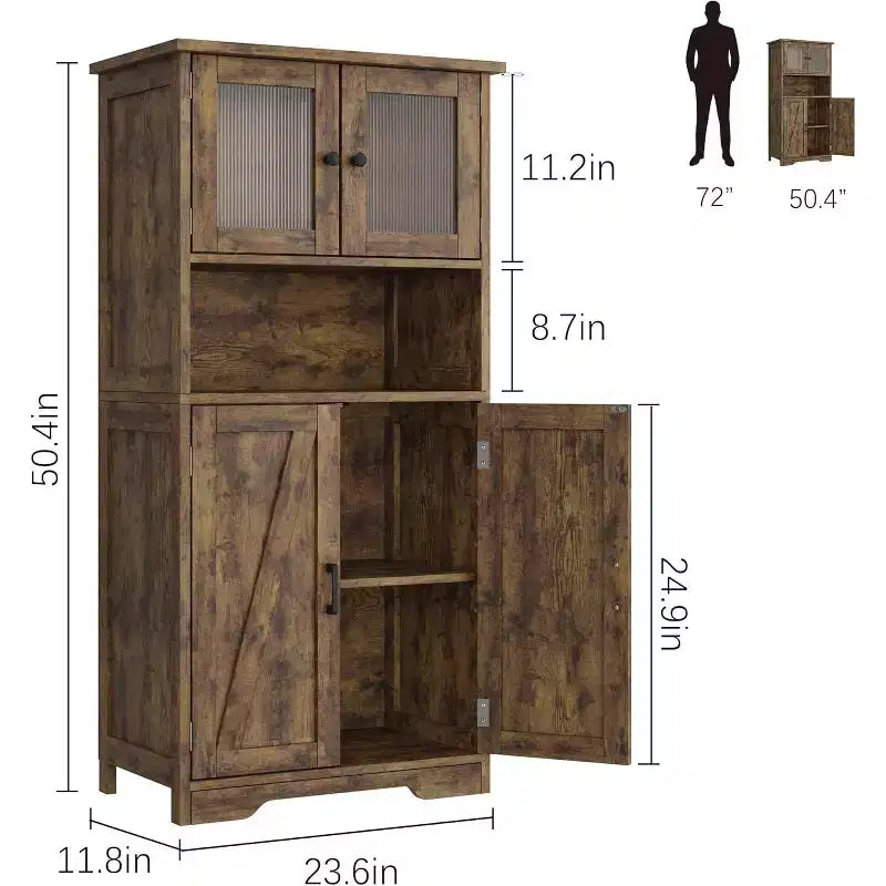 Mobile contenitore da 137 cm in stile rustico con ante in vetro, ripiani regolabili, dispensa a colonna autoportante per cucina, bagno, soggiorno