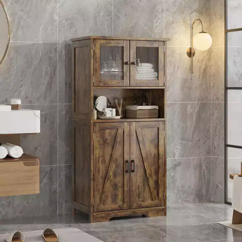 Mobile contenitore da 137 cm in stile rustico con ante in vetro, ripiani regolabili, dispensa a colonna autoportante per cucina, bagno, soggiorno