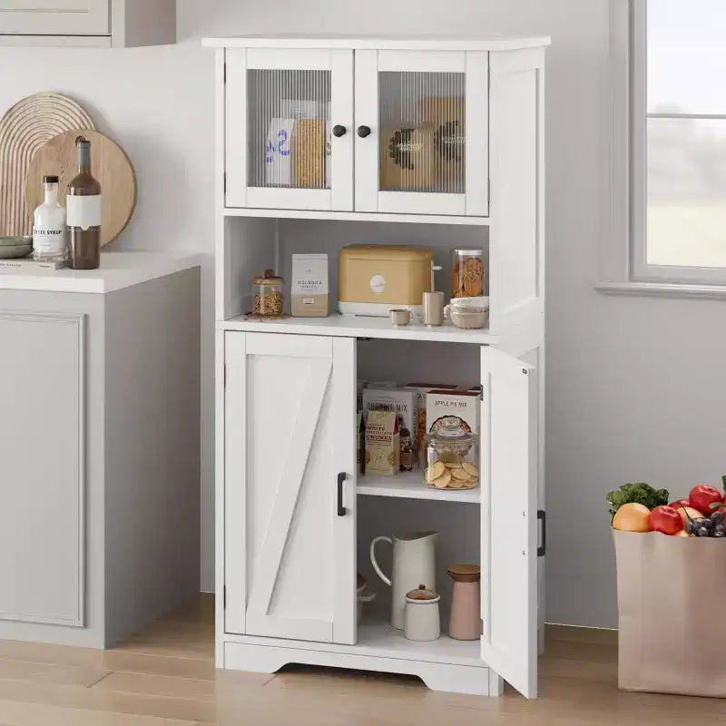 Mobile contenitore da 137 cm in stile rustico con ante in vetro, ripiani regolabili, dispensa a colonna autoportante per cucina, bagno, soggiorno