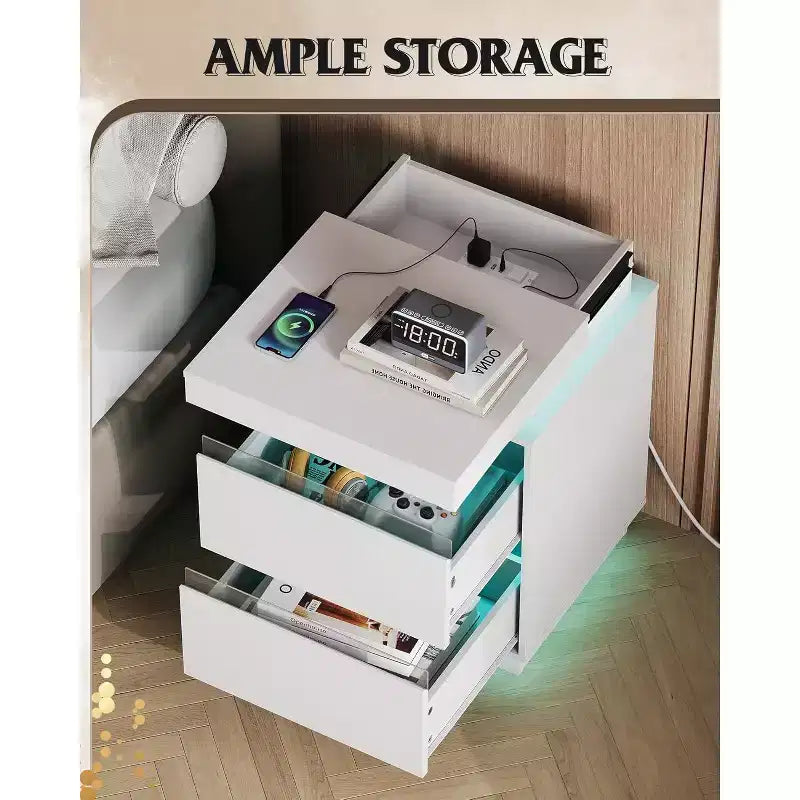 Comodino LED DEXYLLO con stazione di ricarica - 2 cassetti in legno e piano scorrevole, tavolino moderno per camera da letto, soggiorno