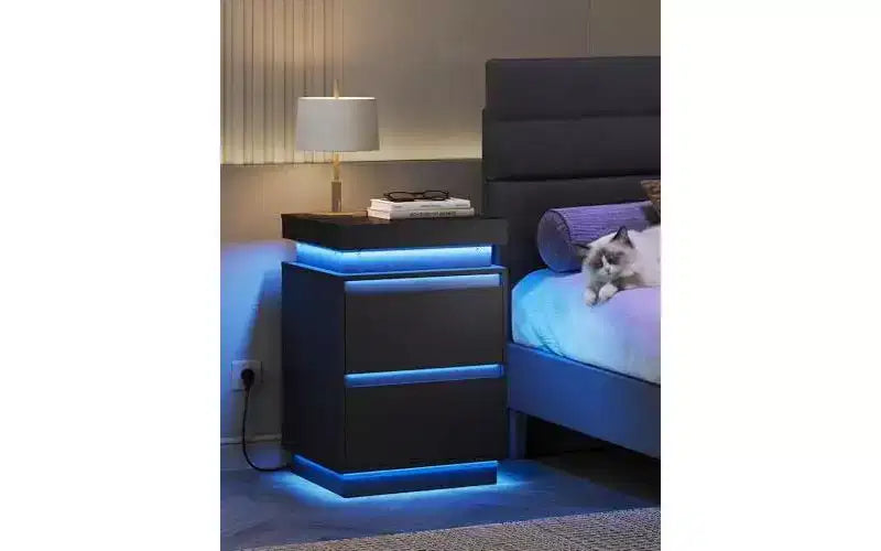 Comodino LED DEXYLLO con stazione di ricarica - 2 cassetti in legno e piano scorrevole, tavolino moderno per camera da letto, soggiorno