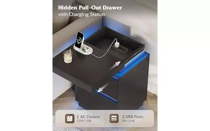 Comodino LED DEXYLLO con stazione di ricarica - 2 cassetti in legno e piano scorrevole, tavolino moderno per camera da letto, soggiorno