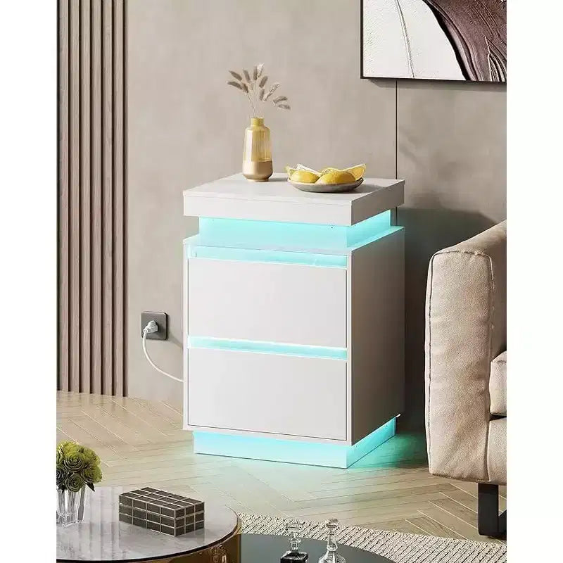 Comodino LED DEXYLLO con stazione di ricarica - 2 cassetti in legno e piano scorrevole, tavolino moderno per camera da letto, soggiorno