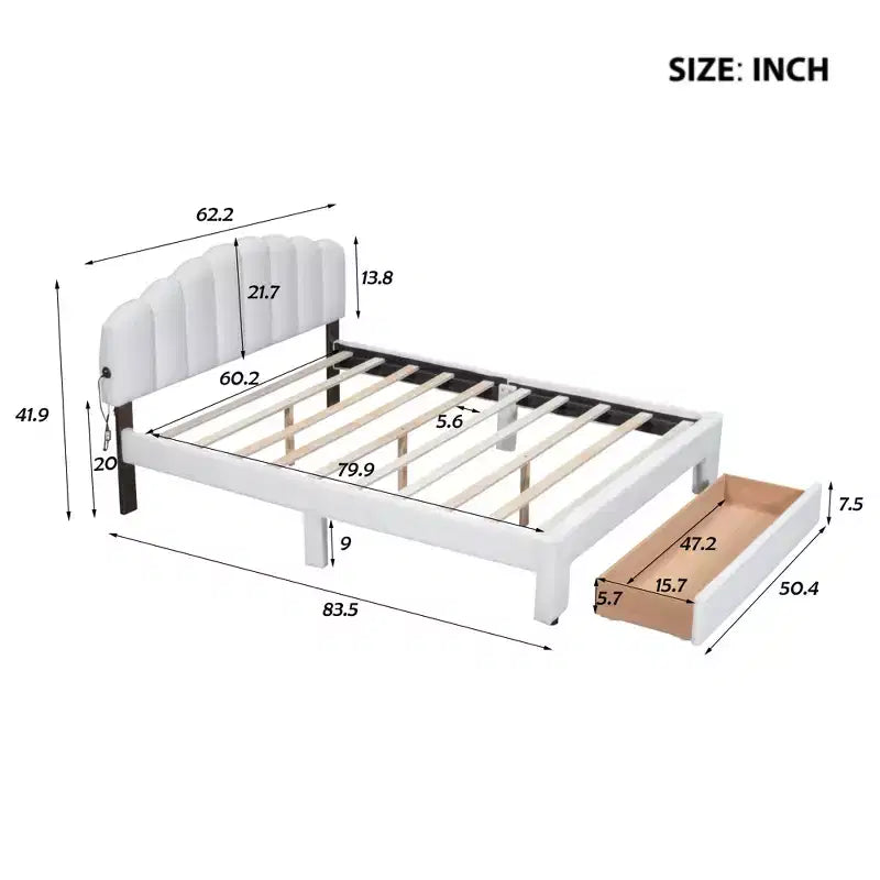 Letto imbottito con piattaforma, Struttura in legno in pile Teddy con cassetto e porte USB, per camera da letto, Facile da montare, Bianco
