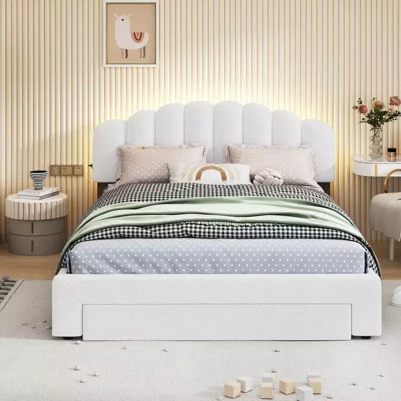 Letto imbottito con piattaforma, Struttura in legno in pile Teddy con cassetto e porte USB, per camera da letto, Facile da montare, Bianco