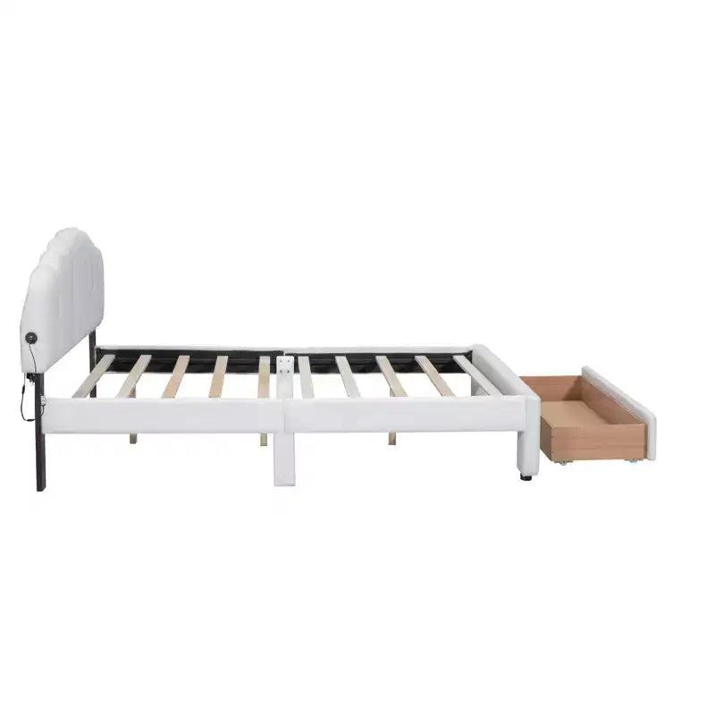 Letto imbottito con piattaforma, Struttura in legno in pile Teddy con cassetto e porte USB, per camera da letto, Facile da montare, Bianco