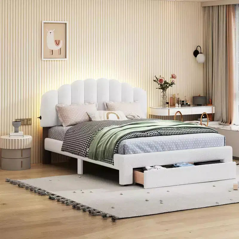 Letto imbottito con piattaforma, Struttura in legno in pile Teddy con cassetto e porte USB, per camera da letto, Facile da montare, Bianco