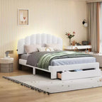 Letto imbottito con piattaforma, Struttura in legno in pile Teddy con cassetto e porte USB, per camera da letto, Facile da montare, Bianco