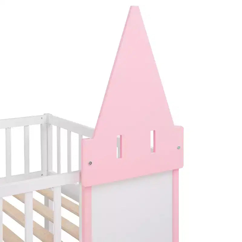 Letto a Castello a Torretta Gemello su Gemello con Scala, Letto a Castello da Casa in Legno Massello di Pino Principessa, Rosa