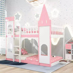 Letto a Castello a Torretta Gemello su Gemello con Scala, Letto a Castello da Casa in Legno Massello di Pino Principessa, Rosa