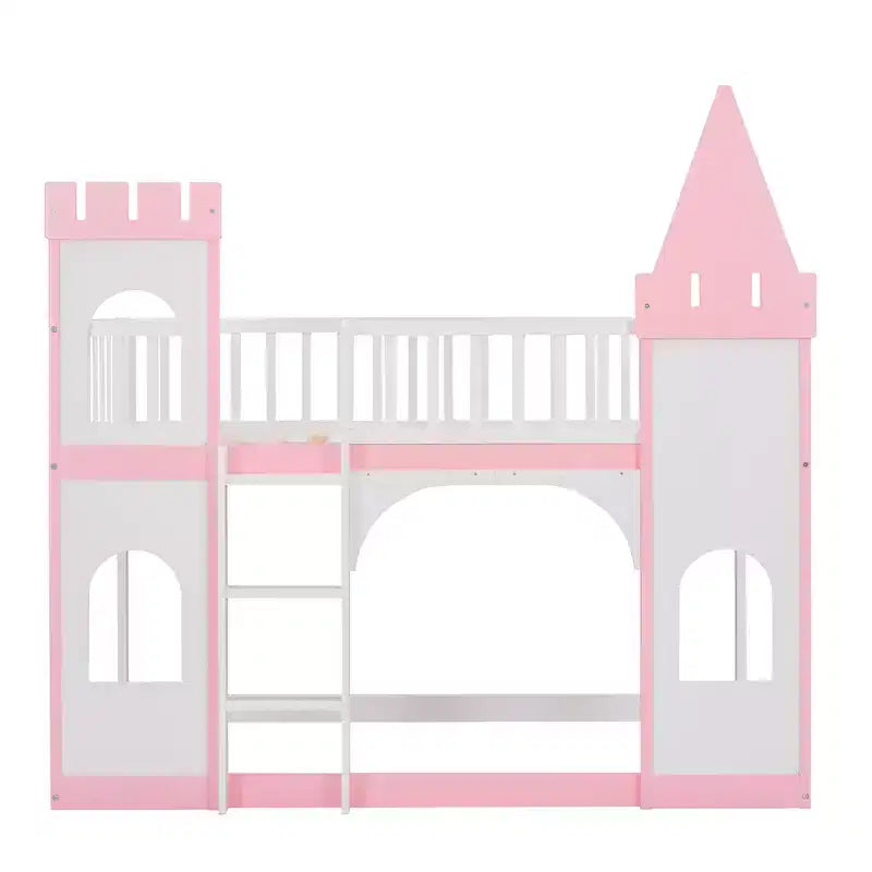 Letto a Castello a Torretta Gemello su Gemello con Scala, Letto a Castello da Casa in Legno Massello di Pino Principessa, Rosa