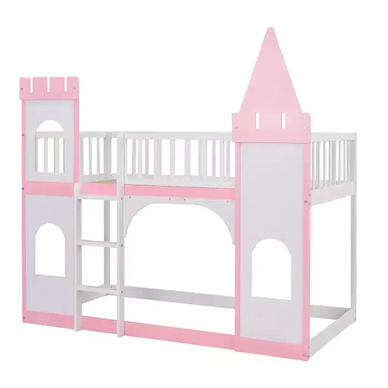 Letto a Castello a Torretta Gemello su Gemello con Scala, Letto a Castello da Casa in Legno Massello di Pino Principessa, Rosa