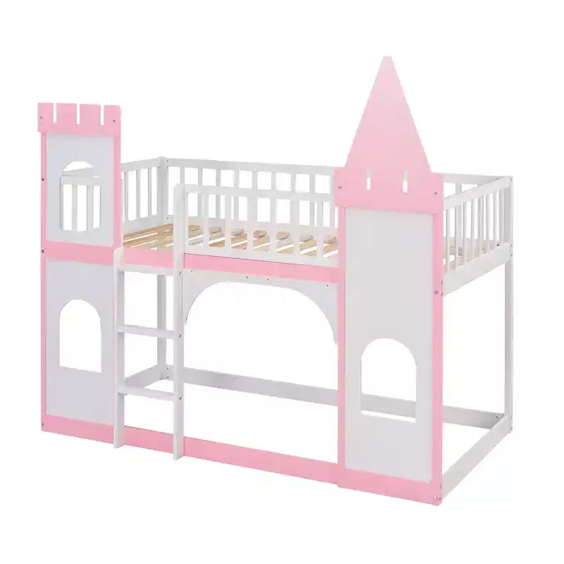 Letto a Castello a Torretta Gemello su Gemello con Scala, Letto a Castello da Casa in Legno Massello di Pino Principessa, Rosa