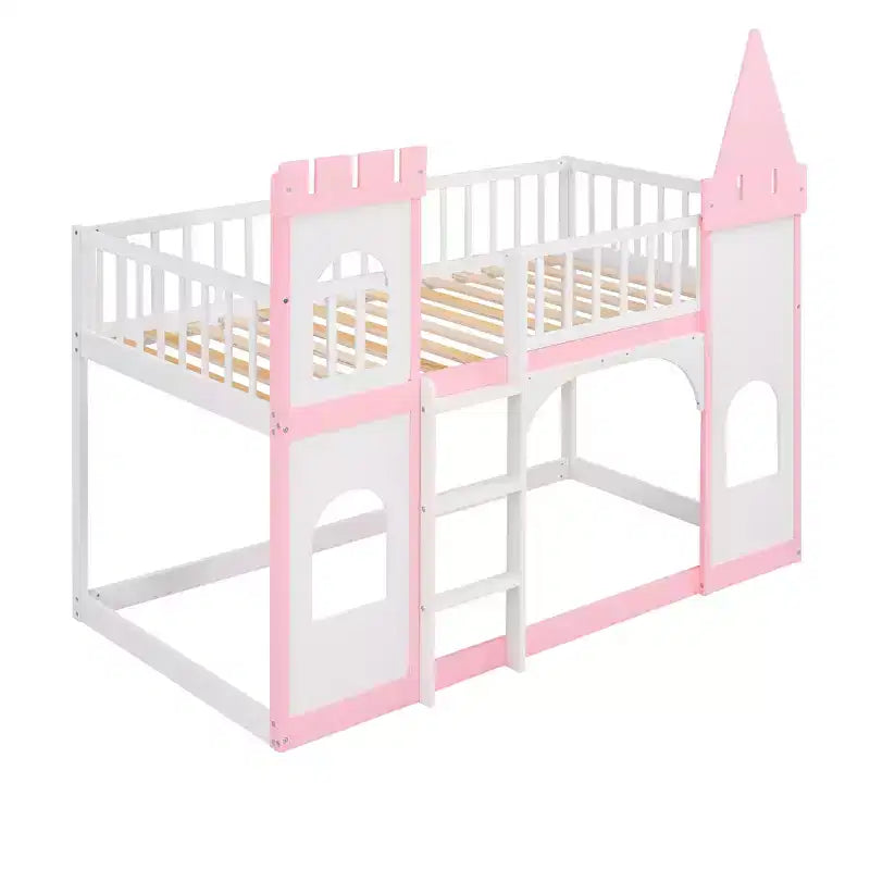Letto a Castello a Torretta Gemello su Gemello con Scala, Letto a Castello da Casa in Legno Massello di Pino Principessa, Rosa