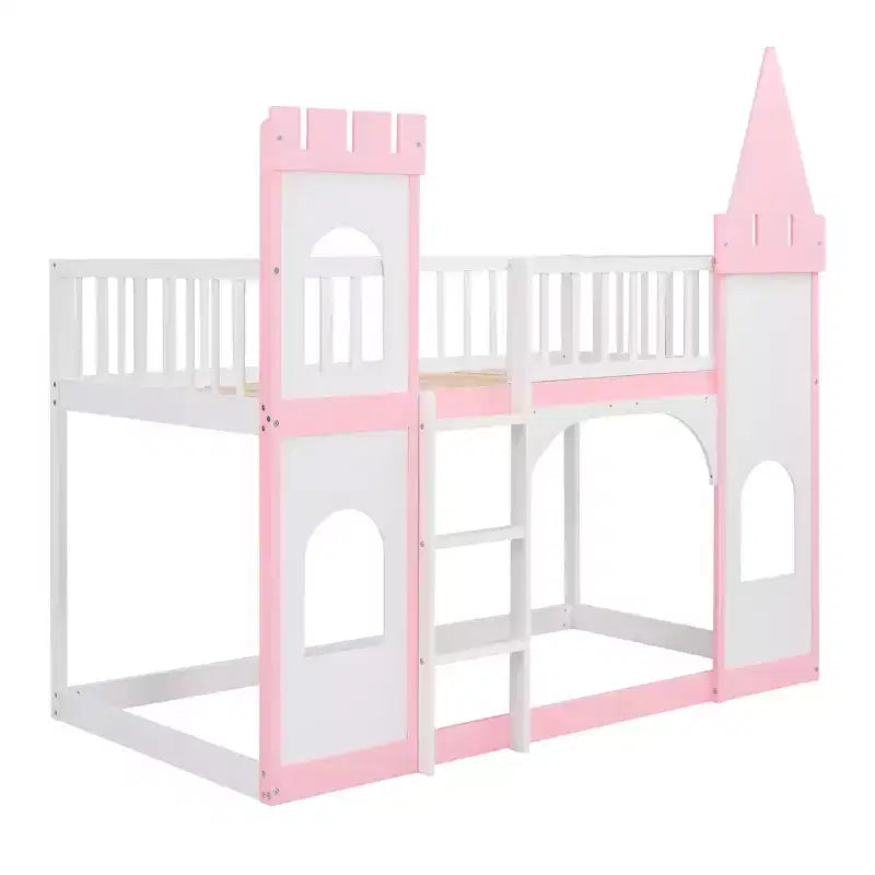 Letto a Castello a Torretta Gemello su Gemello con Scala, Letto a Castello da Casa in Legno Massello di Pino Principessa, Rosa