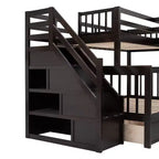 Letto a castello a L con due letti singoli sopra un letto matrimoniale, con armadio e scala in legno massello, con scrivania portatile