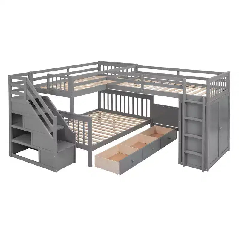 Letto a castello a L con due letti singoli sopra un letto matrimoniale, con armadio e scala in legno massello, con scrivania portatile