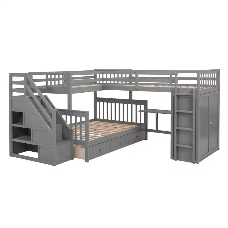 Letto a castello a L con due letti singoli sopra un letto matrimoniale, con armadio e scala in legno massello, con scrivania portatile