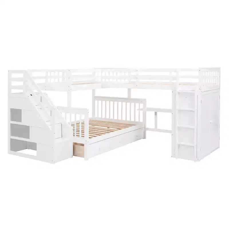 Letto a castello a L con due letti singoli sopra un letto matrimoniale, con armadio e scala in legno massello, con scrivania portatile