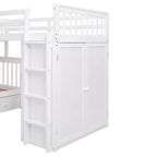 Letto a castello a L con due letti singoli sopra un letto matrimoniale, con armadio e scala in legno massello, con scrivania portatile