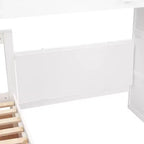 Letto a castello a L con due letti singoli sopra un letto matrimoniale, con armadio e scala in legno massello, con scrivania portatile