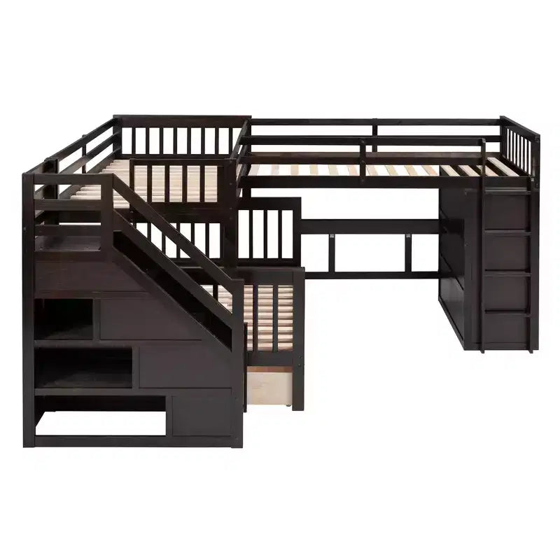 Letto a castello a L con due letti singoli sopra un letto matrimoniale, con armadio e scala in legno massello, con scrivania portatile