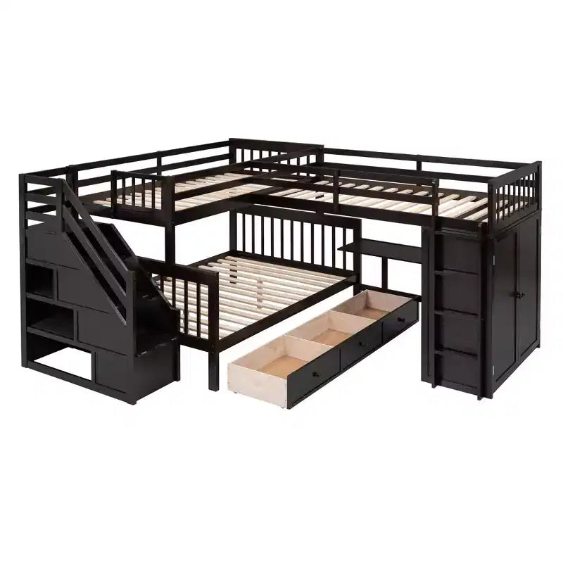 Letto a castello a L con due letti singoli sopra un letto matrimoniale, con armadio e scala in legno massello, con scrivania portatile