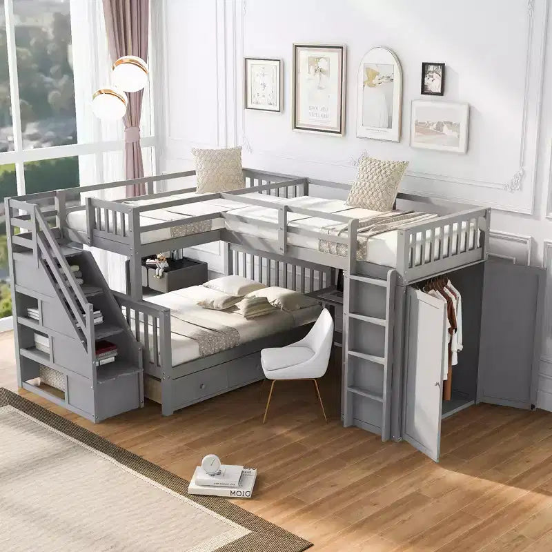 Letto a castello a L con due letti singoli sopra un letto matrimoniale, con armadio e scala in legno massello, con scrivania portatile