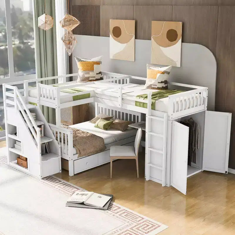 Letto a castello a L con due letti singoli sopra un letto matrimoniale, con armadio e scala in legno massello, con scrivania portatile