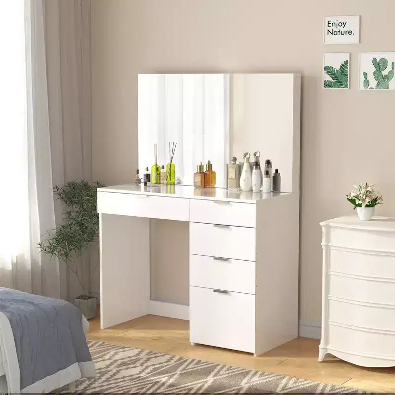 Scrivania da trucco bianca con specchio illuminato e 5 cassetti portaoggetti