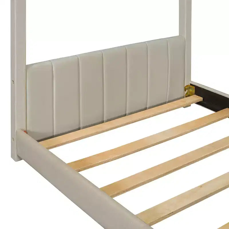 Letto a casetta in velluto con struttura a piattaforma, una piazza e mezza/matrimoniale, colore beige - ModernLuxe