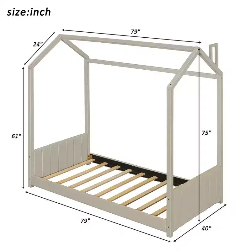 Letto a casetta in velluto con struttura a piattaforma, una piazza e mezza/matrimoniale, colore beige - ModernLuxe