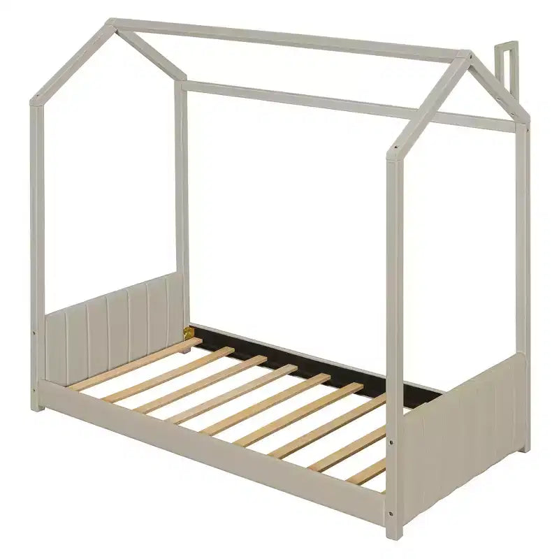 Letto a casetta in velluto con struttura a piattaforma, una piazza e mezza/matrimoniale, colore beige - ModernLuxe