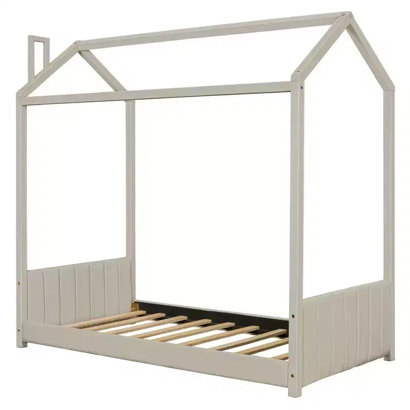 Letto a casetta in velluto con struttura a piattaforma, una piazza e mezza/matrimoniale, colore beige - ModernLuxe
