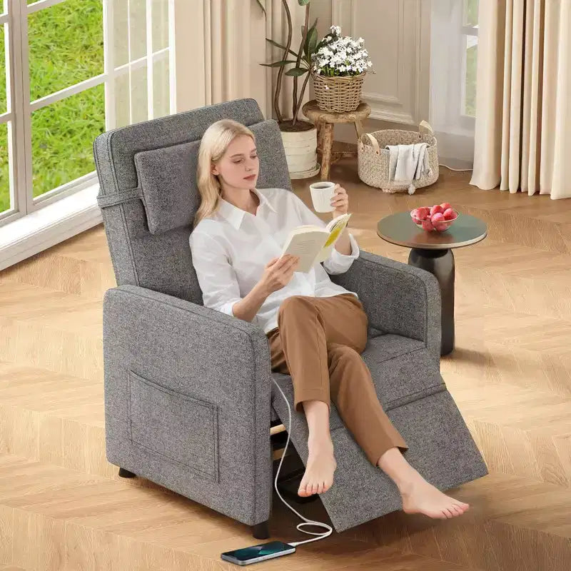 Poltrona Reclinabile Elettrica, Divano Singolo Ergonomico in Lino con Sedile Imbottito e 2 Tasche Laterali, Reclinabile Elettrico Regolabile per Soggiorno, Camera da Letto